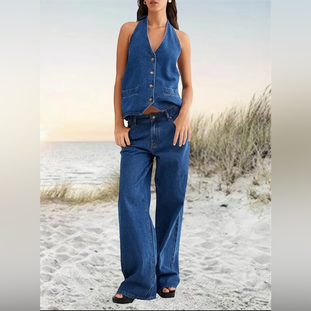 14.Premium Denim Two PiecesSet Button Backless Halter Top Wide Leg Jeans Stylish - Picture 2 of 7